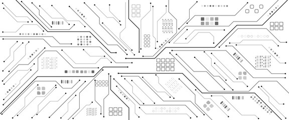 Poster - Glowing light white neon AI chip with thin circuit contact lines. Technology lines circuit and dots on white background, circuit board network connection.
