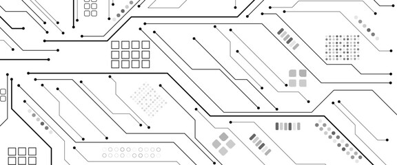 Leinwandbilder - Glowing light white neon AI chip with thin circuit contact lines. Technology lines circuit and dots on white background, circuit board network connection.