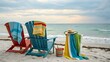 © thy youhan - Colorful Beach Chairs and Towels Set Against Scenic Ocean View