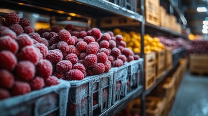 Poster - Frozen raspberries are carefully stored on shelves in a cold storage facility designed for preserving perishable items, with a focus on temperature control and organization.