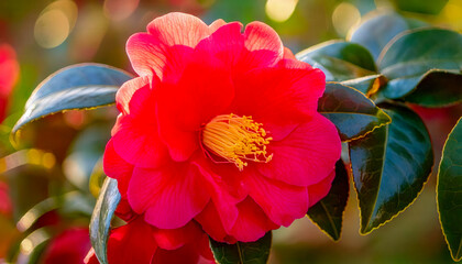 Poster - Vibrant red camellia flower blooming in a lush garden during springtime with sunlight illuminating its petals