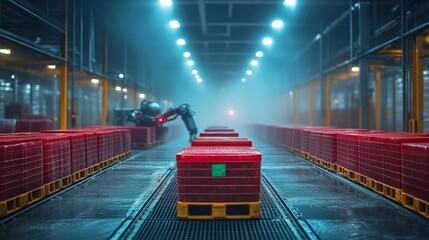 Poster - Robotic systems are actively retrieving and organizing pallets of perishable goods within a highly controlled cold storage warehouse environment, emphasizing efficient distribution processes.