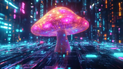 Glowing Cyber-Mushroom in Neon Cityscape (1)