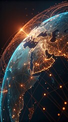 world map on a technological background, glowing lines symbols of the internet, radio, television, m