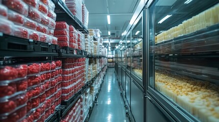 Poster - Orthogonal view of an efficient cold storage warehouse filled with neatly arranged shelves of perishable items. Refrigerated shelving maintains optimal conditions for inventory management.