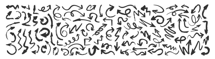 Aufkleber - Grunge arrows set isolated on transparent. Hand drawn vector arrows. Dry brushstrokes, arrows, pointers.