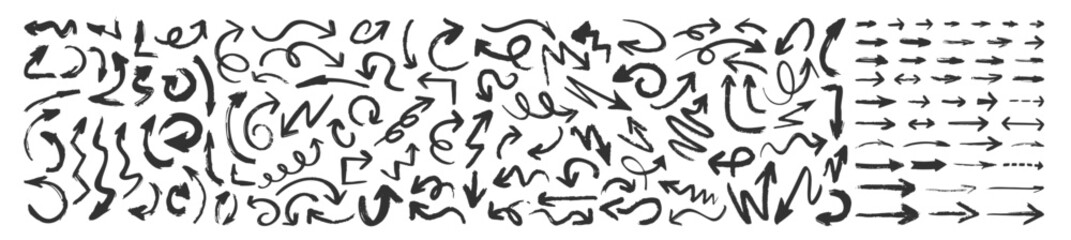 Aufkleber - Brush, marker hand drawn arrows set isolated on transparent. Grunge arrow brush vector. Set of hand drawn vector arrows doodle