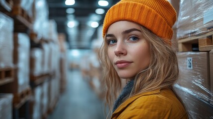 Aufkleber - A woman dressed in a yellow jacket and orange beanie stands within a logistics facility, overseeing inventory and storage among stacked pallets surrounded by packaged materials.