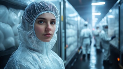 Poster - In a cold storage facility, workers in protective gear organize perishable inventory while ensuring proper climate control for pharmaceuticals, highlighting the importance of logistics.