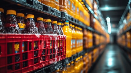 Poster - Beverages are neatly arranged on shelves in a temperature controlled warehouse designed for perishable inventory and logistics operations.