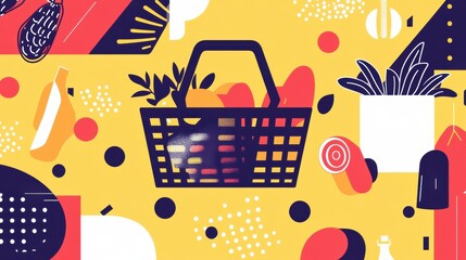 Poster - Stylish abstract grocery shopping theme featuring geometric shapes and bold colors for modern decor Generative AI