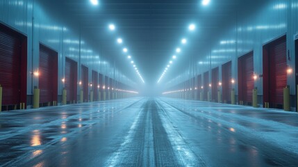 Poster - A state of the art cold storage facility features rows of well lit loading bays designed for optimal temperature control, ensuring safe inventory management of perishable items.