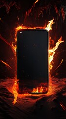 Wall Mural - fiery mobile phone display with a dark screen. surrounded by intense heat and glowing embers.