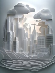 Fototapete - Stunning layered paper city skyline with soft lighting showcasing modern architecture from a dynamic perspective Generative AI