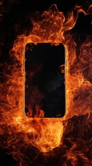 Wall Mural - smartphone surrounded by vibrant fiery flames, emphasizing heat and intensity with a dark background
