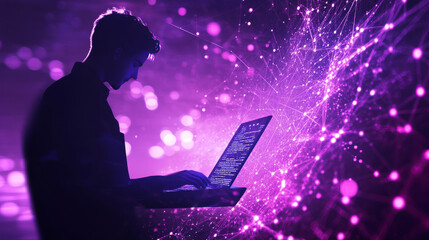 A futuristic illustration of a man navigating a luminous purple network while coding on a laptop, representing digital innovation, problem-solving, and hi-tech advancements