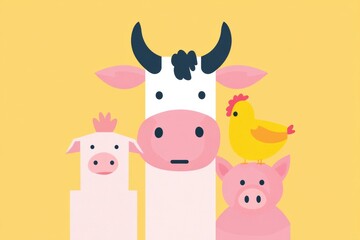 Aufkleber - Minimalist geometric illustration featuring cows, pigs, and chickens with vibrant colors and modern design elements Generative AI