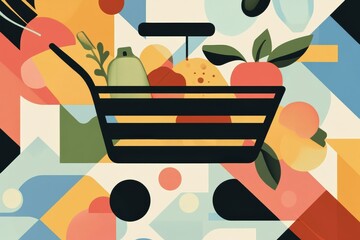 Aufkleber - Stylish abstract grocery shopping theme with geometric shapes and bold colors in a modern design Generative AI