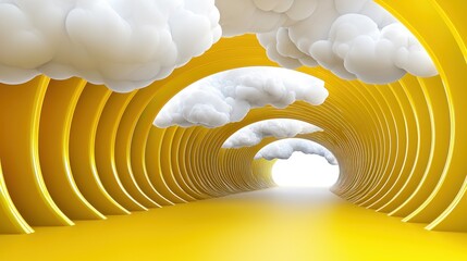Wall Mural - modern minimalistic 3d yellow background with surreal white clouds softly drifting through an arched