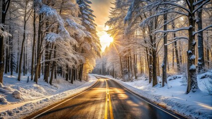 Poster - Winter sunrise illuminates a snow-covered road winding through a tranquil forest