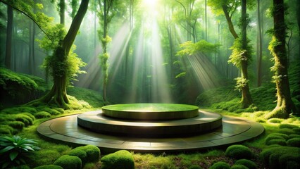 Poster - Serene Forest Platform with Sunbeams Illuminating Mossy Ground