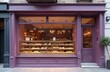 © Maryna - Modern purple pastry shop exterior design. Large glass window delicious desserts. Street view perspective. Bakery building. Desserts on display. Urban city business facade with sweet food, cafe.