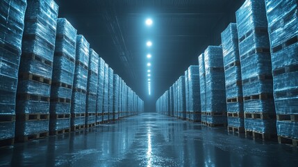 Poster - Rows of pallets filled with perishable goods are organized in a cold storage facility, showcasing efficient distribution practices in pharmaceutical logistics with advanced refrigeration technology.