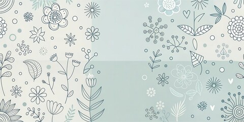Poster - Serene Floral Design A Pastel-Colored Hand-Drawn Botanical Illustration Featuring Various Flowers, Leaves, and Abstract Elements.