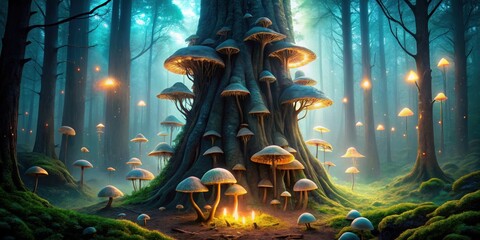 Poster - Enchanted Forest Scene with Glowing Mushrooms and Ancient Tree