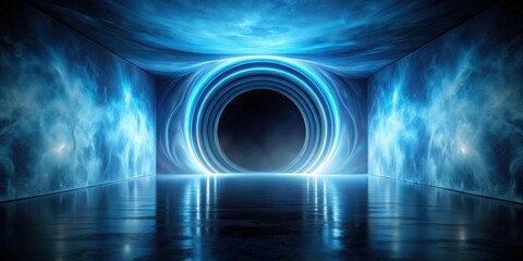Fototapete - Abstract Glowing Circular Portal in a Reflective Room with Blue Nebula Walls
