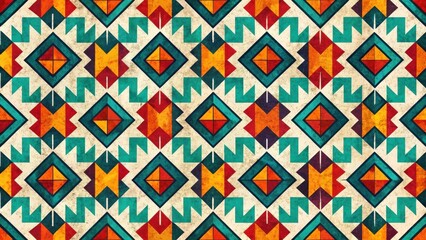 Aufkleber - Vibrant Geometric Textile Pattern with Aztec Inspired Designs Featuring Warm and Cool Tones