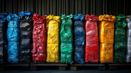 Poster - Colorful bales of recyclable materials are stacked neatly in a warehouse, highlighting the importance of sustainability in logistics and efficient inventory management for waste recycling.