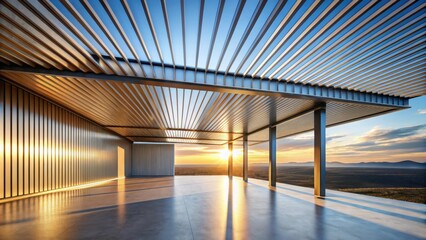 Poster - Sunset view from a modern architectural structure with a metal slatted pergola