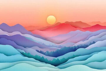 Aufkleber - Stunning paper art landscape with layered mountains, rolling hills, and a rising sun in soft pastel gradients Generative AI