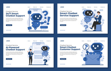 Set of Landing page template AI chatbot service for instant chat bot customer support illustration concept user experience with automated responses and smart assistance