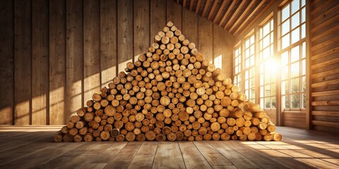 Leinwandbilder - A triangular stack of neatly arranged logs rests inside a rustic wooden interior, bathed in warm sunlight streaming through large windows.