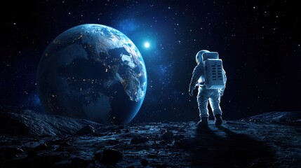 Wall Mural - An astronaut stands on the lunar surface, gazing at Earth amidst a star-filled cosmos, symbolizing exploration and the vastness of space.