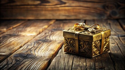 Aufkleber - Ornate gold gift box on rustic wooden surface