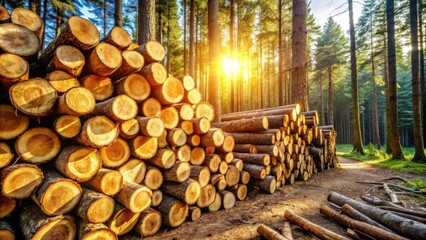 Poster - Golden Hour Lumber Pile in a Lush Forest