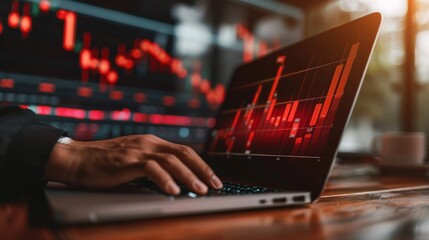 A person is typing on a laptop with a red screen showing a graph of a stock market.