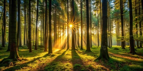 Poster - Golden sunlight streams through a dense forest, illuminating the verdant undergrowth and creating long shadows