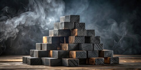 Aufkleber - Dark Wooden Blocks Arranged in a Pyramid Shape Against a Smoky Background