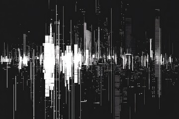 Poster - Abstract Glitch Cityscape Digital Art Black and White Urban Skyline