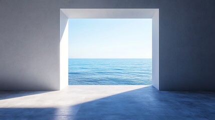 Aufkleber - Minimalist Architecture Ocean View Room with Bright Sunlight and Concrete Floor
