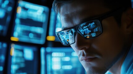 Cybersecurity specialist monitoring a network with data reflected in his glasses