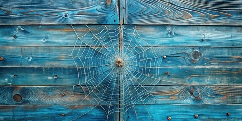 Intricate Spiderweb Adorned on Weathered Blue Wooden Planks, a Rustic Natural Scene