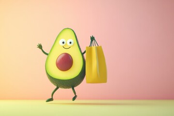 Poster - Humorous cartoon avocado joyfully carries a grocery bag in a playful pastel setting with exaggerated features and bright colors Generative AI