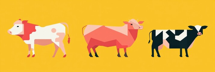 Aufkleber - Minimalist geometric design featuring cows, pigs, and chickens in vibrant colors celebrating farm life Generative AI