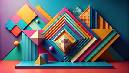 Poster - Vibrant Geometric Shapes Composition Featuring Layered Colorful Forms and 3D Objects on Platform
