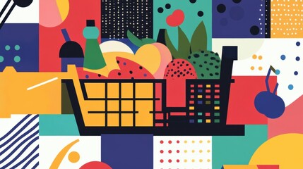 Aufkleber - Stylish abstract grocery shopping theme with bold colors and geometric shapes showcasing a modern design of a shopping cart filled with items Generative AI